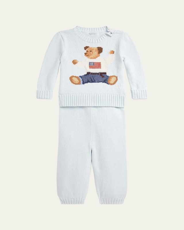 Boy's Flag Bear Intarsia Knit Sweater and Pants Set, Size 3